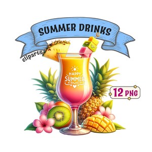 Peut inclure: Une boisson d'été colorée avec des tranches d'ananas, de mangue et de kiwi. La boisson est dans un grand verre avec un dégradé rose et orange. Le texte "Happy Summer" est sur le verre. L'image est entourée d'ananas et de fleurs.