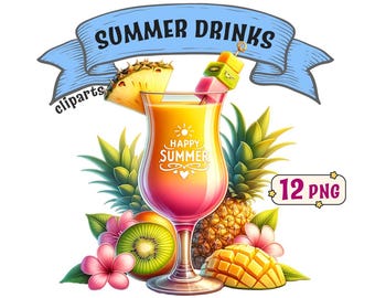 Summer Drinks clipart bundle: 12 fruity and refreshing summer themed drink PNG images with transparent background, commercial use included.