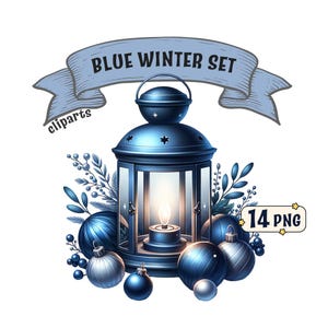Blue Winter Set Clipart Bundle: 14 dunkelblaue Winter- und Weihnachtselemente, PNG-Bilder mit transparentem Hintergrund, kommerzielle Nutzung.