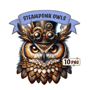 May include: A detailed illustration of an owl wearing a steampunk-style hat with goggles and gears. The owl has brown, white, and gold feathers. A banner above reads "STEAMPUNK OWLS". The image also includes the text "10 PNG".