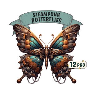 Steampunk Schmetterlinge Clipart Bundle - 12 wunderschöne Steampunk-Schmetterlinge, PNG-Bilder mit transparentem Hintergrund, kommerzielle Nutzung.