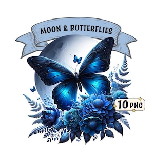 Moon & Butterflies Clipart Bundle - 10 himmlische schwarz-blaue Schmetterlinge mit Sichelmonden und Blumen, transparente PNGs, kommerzielle Nutzung