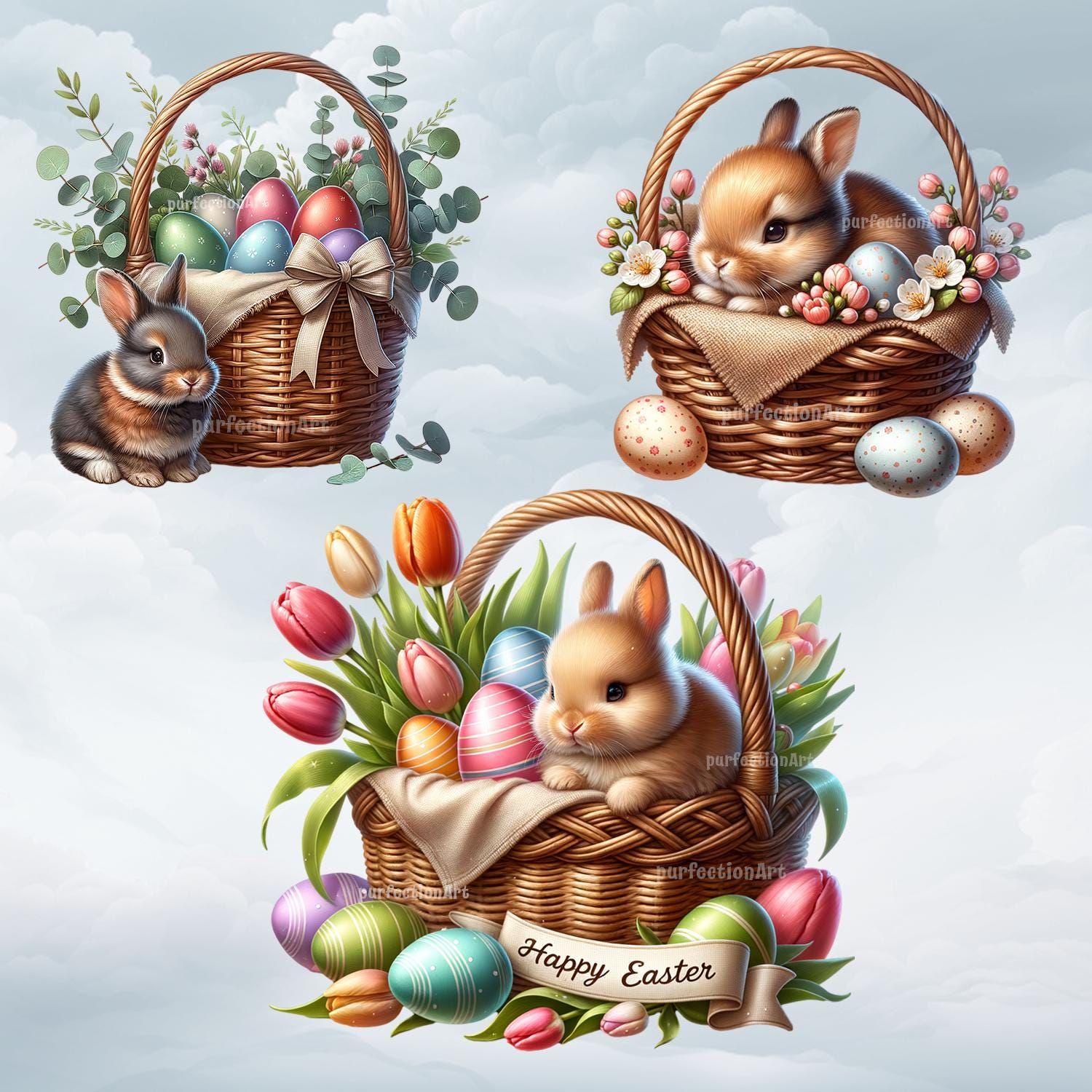 Rustic Easter Baskets Clipart Bundle - 15 Baskets With Cute Bunnies ...