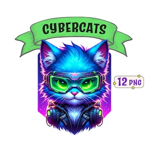 Cybercats Clipart Bundle, 12 coole Cyberpunk Katzen PNG Bilder mit transparentem Hintergrund, kommerzielle Nutzung inbegriffen.
