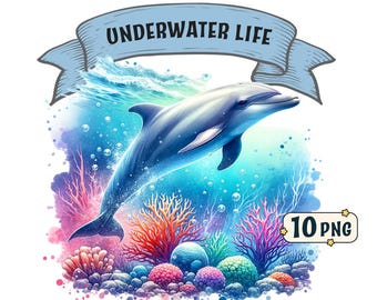 Pacote de clipart de vida subaquática – 10 cenas oceânicas em aquarela, PNGs transparentes, uso comercial, clipart de verão, designs de sublimação de golfinhos