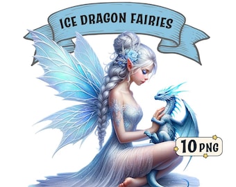 Ice Dragon Fairies clipart bundle – 10 Ice themed fairies with dragons, transparent PNGs, commercial use, fantasy sublimation graphic