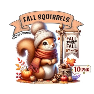 Paquete de imágenes prediseñadas de Fall Squirrels, 10 lindas y acogedoras imágenes PNG de ardillas con temas de otoño con fondos transparentes, uso comercial incluido.