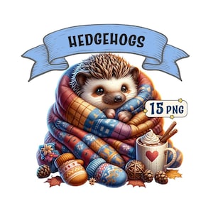 Pacote de clipart de ouriços – 15 imagens PNG fofas de ouriços em vários temas, fundo transparente, uso comercial incluído.