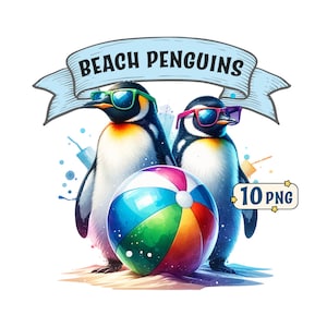 Paquete de imágenes prediseñadas de pingüinos de playa, 10 divertidas y geniales imágenes PNG de acuarela de pingüinos con temática de playa, fondo transparente, uso comercial.