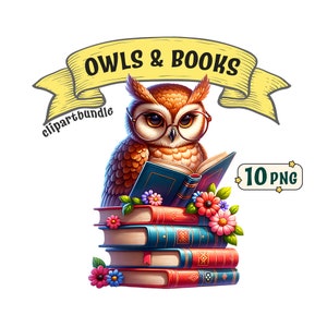 Uilen en boeken clipartbundel, 10 prachtige bloemenboekenliefhebber uil png-afbeeldingen met transparante achtergrond, inclusief commercieel gebruik.