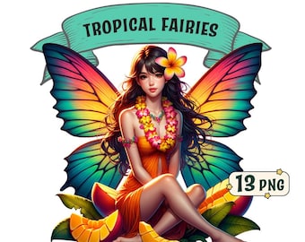Tropical Fairies Clipart Bundle – 13 tropical themed fairies, transparent PNGs, commercial use, summer clipart, fairy sublimation designs.