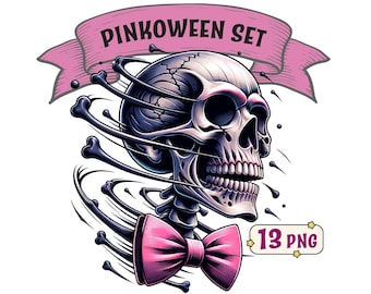 Pinkoween Set Clipart Bundle: 13 Cute and spooky Pink-Halloween themed PNG images with transparent background, commercial use included.