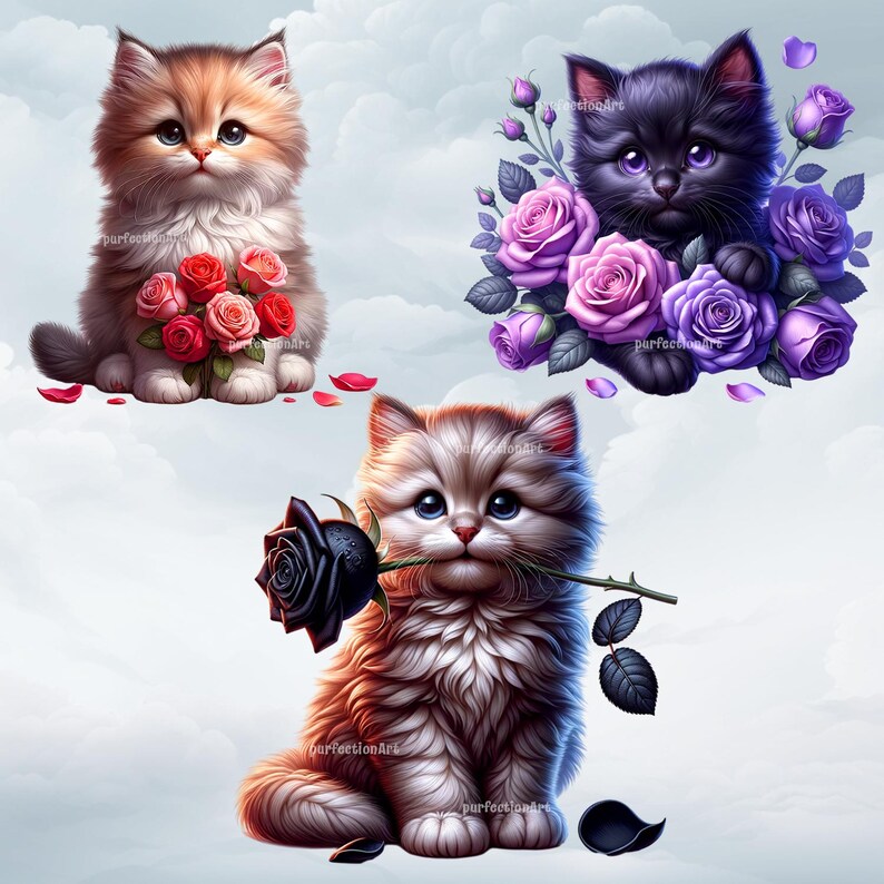 Paws and Roses Clipart Bundle – 10 Adorable Kittens With Roses and ...