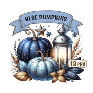 Blauwe pompoenen clipartbundel: 13 prachtige blauwe pompoenen met gouden details en lantaarns, png-afbeeldingen, transparante achtergrond, commercieel gebruik