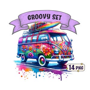 May include: A colorful, psychedelically painted vintage Volkswagen van with a surfboard on top. The van has a groovy set banner above it and is surrounded by colorful watercolor splatters.