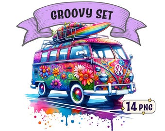 Groovy Set clipart bundle: 14 Hippie themed groovy  watercolor PNG images with transparent background, includes commercial use.
