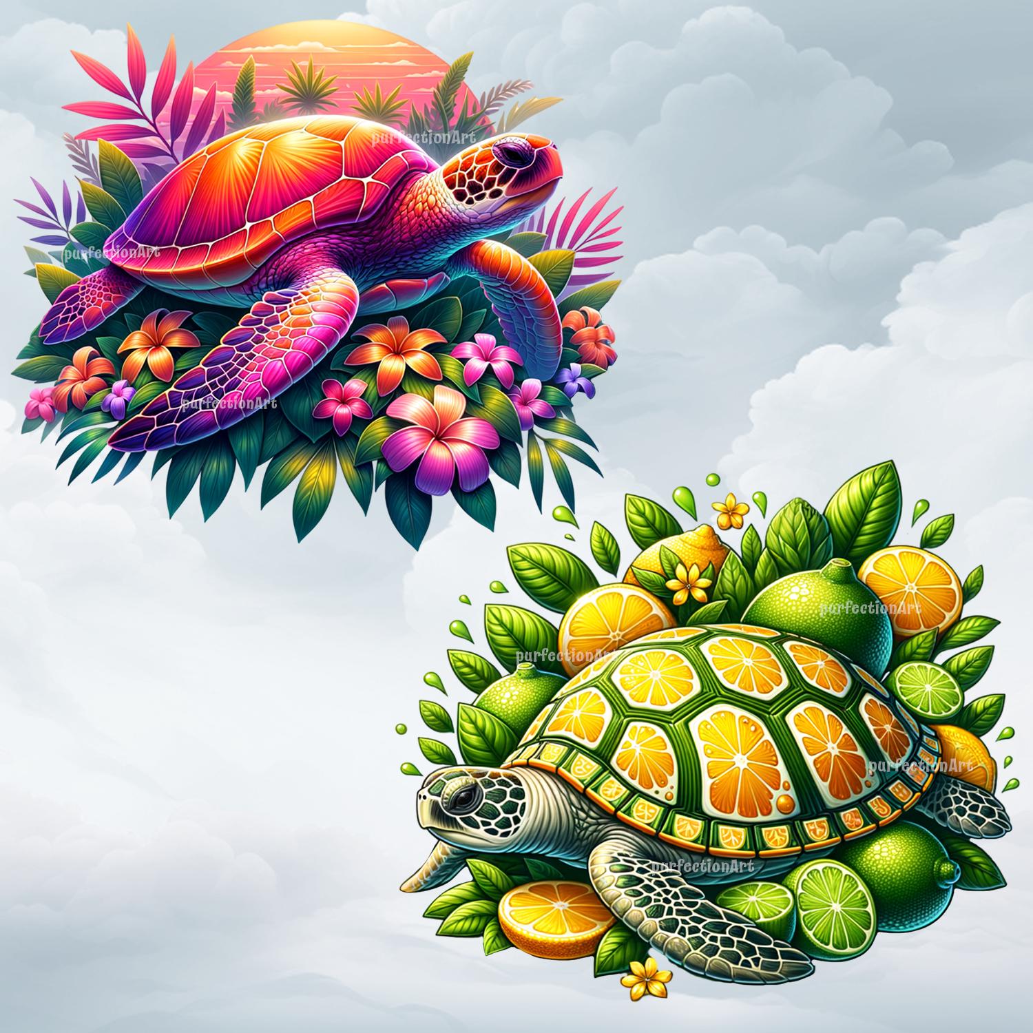 Tropical Turtles Clipart Bundle – 10 Turtles With Tropical, Celestial ...