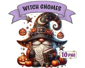 May include: A witch gnome with a black pointed hat, a white beard, and a book in its hand. The gnome is surrounded by pumpkins and stars. The text "Witch Gnomes" is written on a purple banner above the gnome.