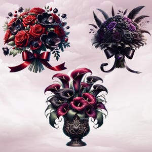 Gothic bouquets clipart bundle - 12 Gothic floral PNGs, Valentine's Day dark-gothic flower bouquets, transparent background, commercial use image 3