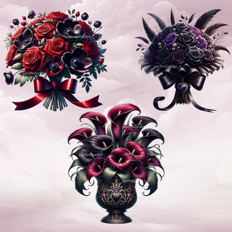 Gothic bouquets clipart bundle - 12 Gothic floral PNGs, Valentine's Day dark-gothic flower bouquets, transparent background, commercial use image 3