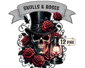 Paquete de imágenes prediseñadas de calaveras y rosas: 12 calaveras góticas con sombreros de copa negros y rosas, imágenes PNG con fondos transparentes, uso comercial.
