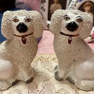 Charming Victorian Era Antique Staffordshire Confetti Poodle Figurines