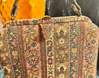 Unique Vintage Mel-Ton purse with imported fabric carpet bag tapestry with beautiful colors in great condition