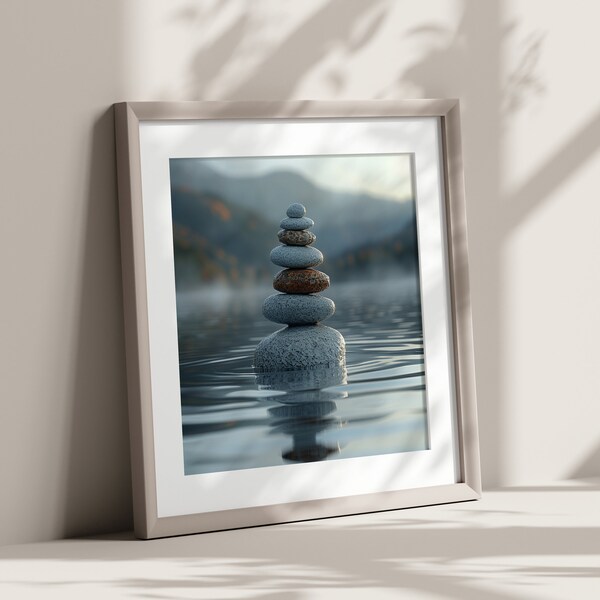 Rock stack in blue water, in the style of muted colorscape mastery, buddhist art and architecture