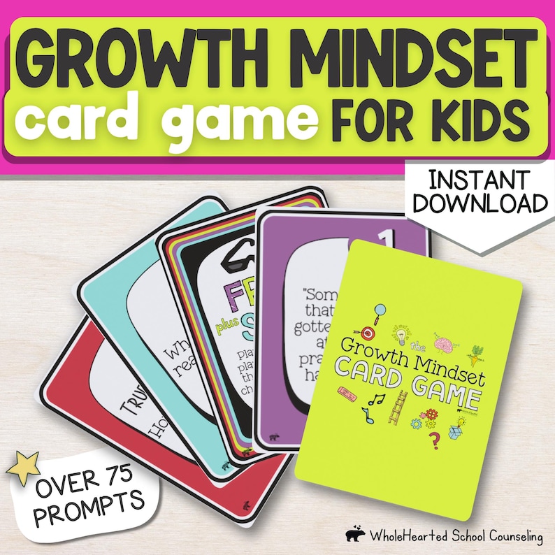 Colorful cover image of the Growth Mindset Card Game for kids featuring illustrated cards with prompts about perseverance and positive thinking. Designed by a school counselor for use in SEL lessons, school counseling sessions, or at home. Ideal social emotional printable for teaching resilience and goal setting.