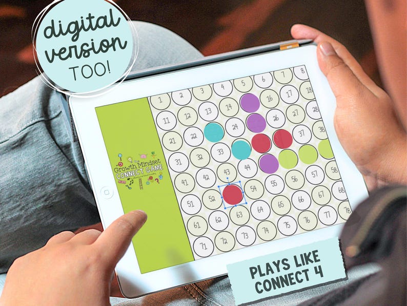Google Slides™ version of the Growth Mindset Connect Game shown on a tablet. Digital SEL game plays like Connect 4 and is perfect for teletherapy, virtual counseling, and remote classroom SEL lessons. A fun way to build grit, perseverance, and growth mindset in distance learning settings.