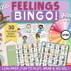 May include: A colorful illustration of a girl jumping with a bright pink background. The text "the FEELINGS BINGO! game" is in large purple letters. There are 30 bingo boards with different feelings words and illustrations. The text "30 FEELINGS BINGO BOARDS" is in black text. The text "Created by a SCHOOL COUNSELOR" is in black text. There is a colorful spinning wheel with the word "SPIN!" in the center. The text "LOW-PREP, FUN TO PLAY, GRAB & GO SEL I" is in purple text.