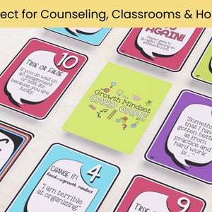 Flat lay featuring the full Growth Mindset Game set in color. Ideal for school counselors, teachers, and families looking for a fun way to foster resilience, grit, and self-reflection. A ready-to-use SEL resource for both printable and digital learning environments.