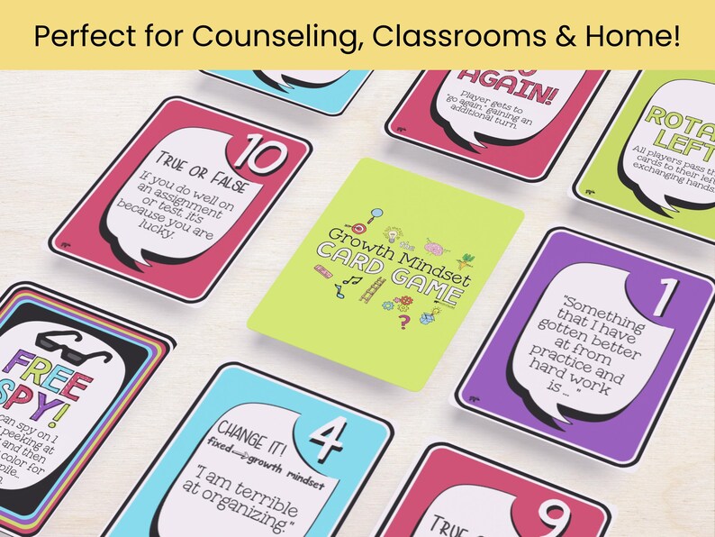 Flat lay featuring the full Growth Mindset Game set in color. Ideal for school counselors, teachers, and families looking for a fun way to foster resilience, grit, and self-reflection. A ready-to-use SEL resource for both printable and digital learning environments.