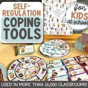 Peut inclure: Un ensemble d'outils d'autorégulation pour faire face aux difficultés pour les enfants à l'école. Les outils comprennent une toupie, des dés et des cartes avec des stratégies d'adaptation. Le texte "My What Can Help Me Spinner" est visible sur la toupie. Le texte "Utilisé dans plus de 16 000 salles de classe !" est visible en bas de l'image.