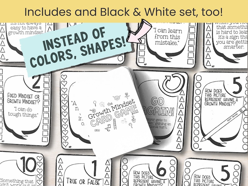 Black and white printable version of the Growth Mindset Game for low-ink classroom or counseling use. Card prompts help students reflect on mistakes, self-talk, and progress. Perfect for SEL group activities, social emotional centers, or goal setting games. Kids match by shape to play.