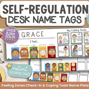 Może przedstawiać: Drukowany zestaw etykiet z nazwami na biurko do samoregulacji dla dzieci. Etykiety zawierają kolorową tabelę z różnymi emocjami i narzędziami radzenia sobie. Tekst "GRACE" znajduje się na górze tabeli. Tekst "Czuję..." znajduje się pod tabelą. Tabela zawiera następujące emocje: smutek, brak skupienia, spokój, niepokój, złość. Narzędzia radzenia sobie obejmują: prowadzenie dziennika lub pisanie listu, wymienienie 2 pozytywnych rzeczy, za które jestem wdzięczny, ściskanie i rozluźnianie mięśni, rozciąganie lub joga, picie wody, stosowanie pozytywnych afirmacji.