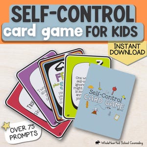 Puede incluir: Un juego de cartas para niños titulado "Self-Control Card Game" con más de 75 indicaciones. Las cartas son de varios colores, incluyendo morado, verde y rojo. El juego es una descarga instantánea.