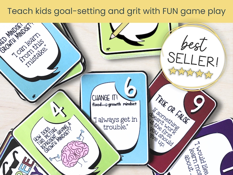 Cards laid out with empowering prompts such as “What are your goals this year?” and “What motivates you to keep trying?” This printable SEL game supports goal setting, positive self-talk, and personal development. Use in school counseling, small groups, or family settings.