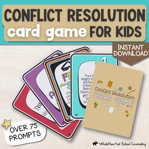 以下が含まれることがあります： 子供向けの紛争解決カードゲームのカラフルなカードセット。カードは積み重ねられており、虹のデザインが施されています。カードのテキストには、「TRUE」と「FRIENDS plus SOLUTIONS」が含まれています。カードゲームのタイトルは「Conflict Resolution Card Game」で、虹、ドア、サボテン、ハサミ、野球のバットが描かれています。画像の左下隅には「OVER 75 PROMPTS」というテキストが表示されています。