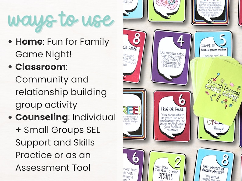 Engaging prompts on fixed vs. growth mindset shown on colorful cards. Designed to teach children the value of effort and positive thinking through gameplay. This interactive SEL printable is ideal for counseling, character education, or goal-setting support groups.