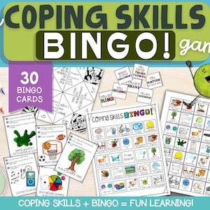 May include: A colorful set of 30 bingo cards with images of coping skills for children. The cards feature images of activities like listening to music, playing board games, and taking a break. The text "Coping Skills + Bingo = Fun Learning!" is at the bottom of the image.