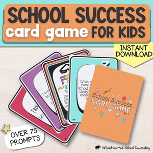 May include: A set of colorful cards for a school success card game for kids. The cards have various prompts and activities for children to complete. The game is designed to help kids learn and grow in a fun and engaging way. The cards are laid out on a wooden surface. The text on the cards reads "School Success Card Game" and "Over 75 Prompts".