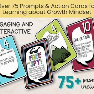 Color card layout showcasing over 75 unique prompts and action cards that guide children through self-reflection and emotional resilience building. Includes questions like “How does this picture represent a growth mindset?”—ideal for SEL lessons, character education, or behavior support.