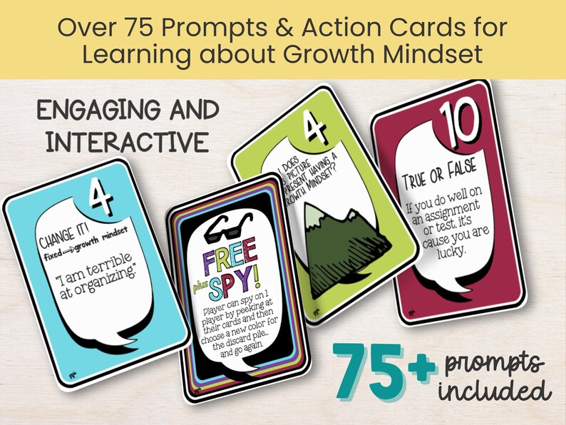Color card layout showcasing over 75 unique prompts and action cards that guide children through self-reflection and emotional resilience building. Includes questions like “How does this picture represent a growth mindset?”—ideal for SEL lessons, character education, or behavior support.