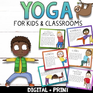 May include: Colorful illustrated cards with yoga poses for kids. Each card features a child in a different yoga pose with instructions and the name of the pose. The cards are labeled "Yoga for Kids & Classrooms".