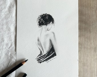 Charcoal Woman Drawing | Print of an Original Woman Sketch | Handrawn Artwork | Small Charcoal Pencil Sketch Print | Minimalistic Wall Art |