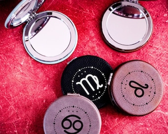 Zodiac Compact Travel Mirror, Zodiac Compact Monogram Mirror, Leather Monogram Mirror,   Zodiac Astronomical Leather Mirror, Gift For Her