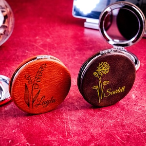 Custom Compact Birth Flower Mirror, Leather Flower Mirror, Birth Month Flower Engraved Purse Mirror, Flower Small Mirror, Gift For Her