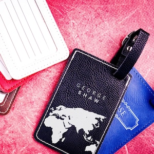 Étiquette à bagage avec carte personnalisée, Étiquette à bagage en cuir, Étiquettes de bagage personnalisées avec carte de pays, Accessoires de voyage, Cadeau de voyage