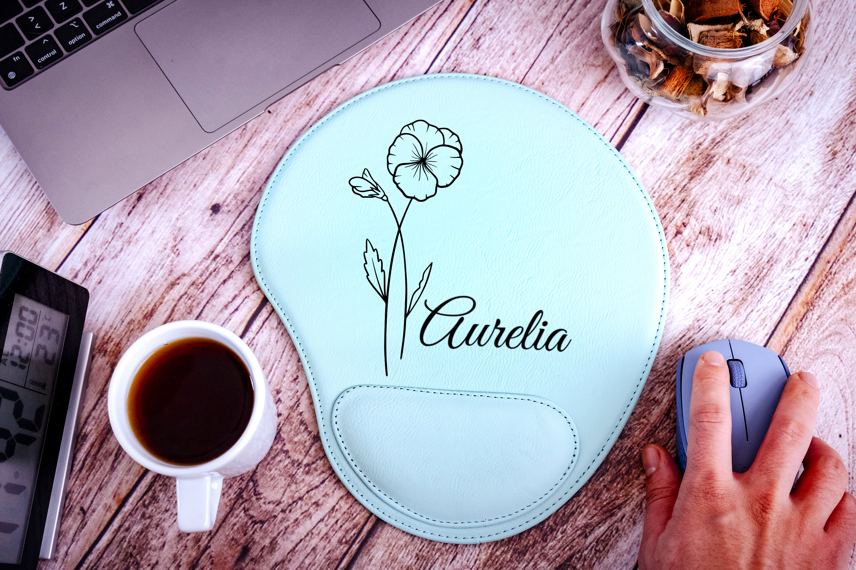 Birth Flower Leather Mousepad, Custom Leather Mousepad, Birth Month Flower Leather Mouse Pad, Leather Mousepad with Wrist Rest, Gift For Her